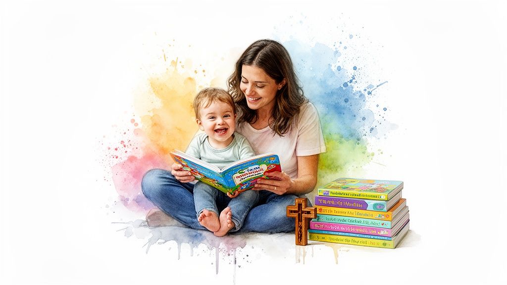 A mother and happy toddler read a colorful book surrounded by Christian children's books and a cross.