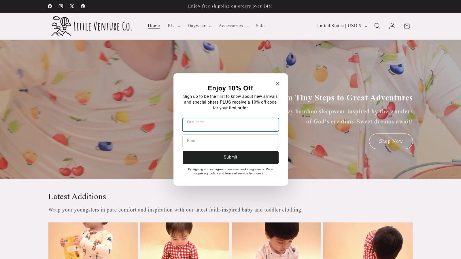 Little Venture Co. website showcasing their baby and toddler basics.