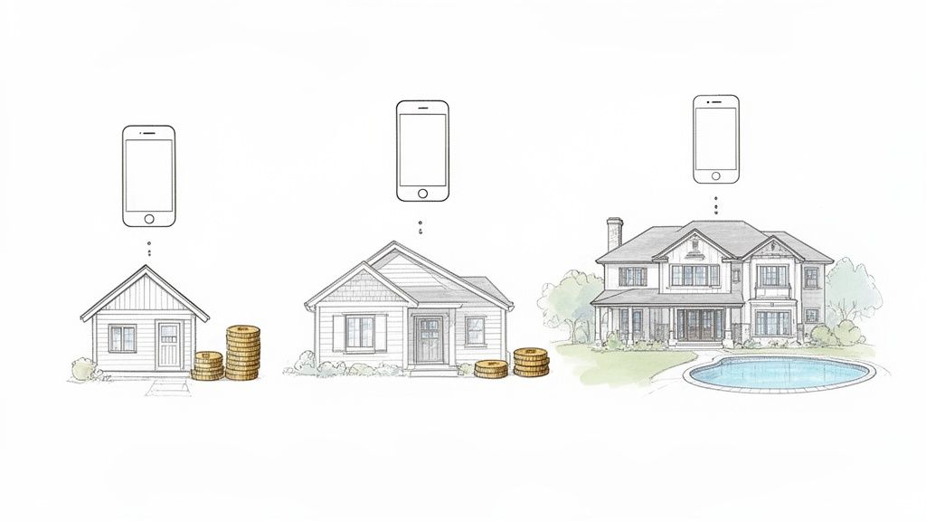 Tres casas de diferente tamaño con smartphones encima y pilas de monedas, ilustrando niveles de costo de aplicaciones.