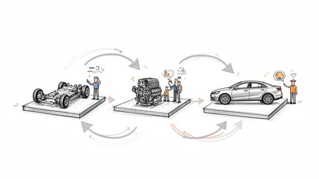 Ilustración de un proceso de desarrollo automotriz ágil, desde chasis, motor, hasta el vehículo final, con personas interactuando con datos y feedback.