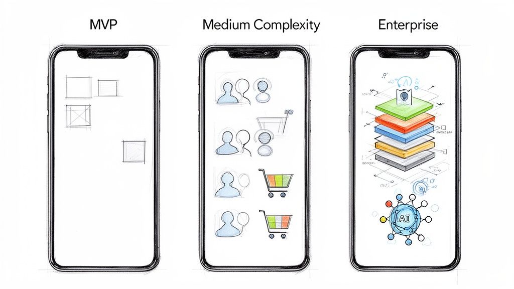 Tres smartphones ilustrando la complejidad del desarrollo de aplicaciones: MVP, complejidad media y empresarial.
