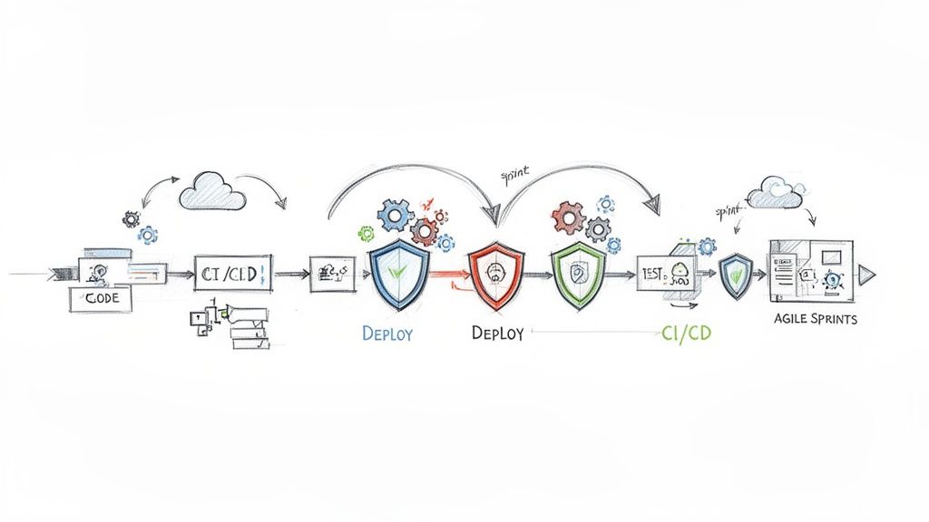 Diagrama de flujo del proceso de desarrollo de software con código, CI/CD, despliegue seguro y sprints ágiles.