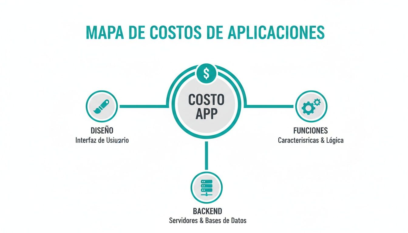 Diagrama que desglosa el costo de una aplicación en diseño de interfaz, funciones y backend.