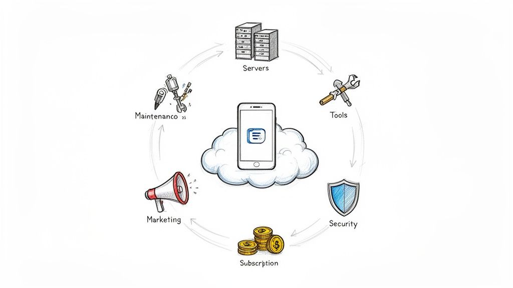 Representación visual del ecosistema de desarrollo, mantenimiento y monetización de una aplicación móvil, incluyendo seguridad y marketing.