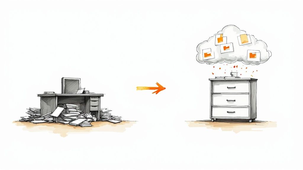 A person sitting at a desk, looking relieved while using a computer, with organized digital files floating in the background.