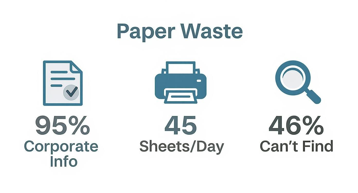 Paper waste infographic showing corporate info percentage, daily printing sheets, and document search difficulty statistics