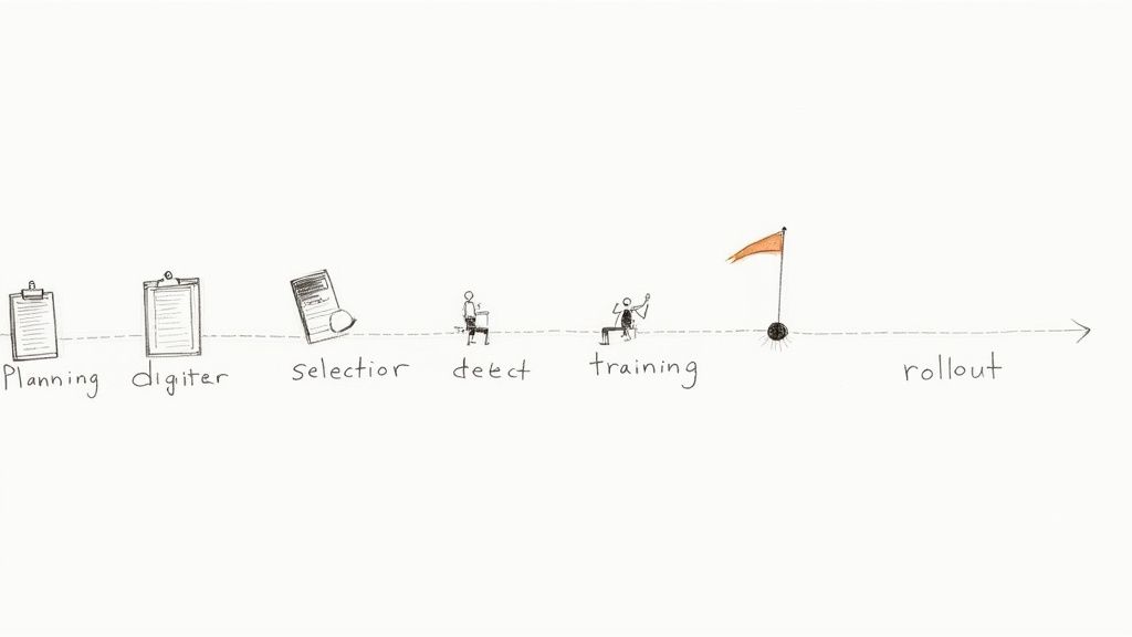 Timeline diagram showing stages of document workflow from planning through digitization to rollout