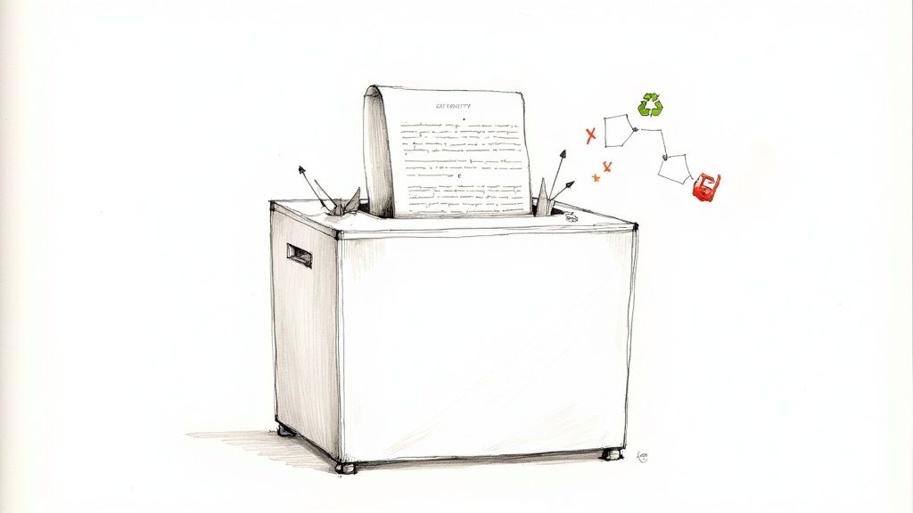 Paper shredder machine destroying documents with recycling symbol illustrating secure document disposal process