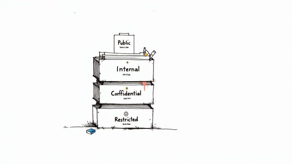 Stack of filing boxes labeled Public, Internal, Confidential, and Restricted showing document classification hierarchy