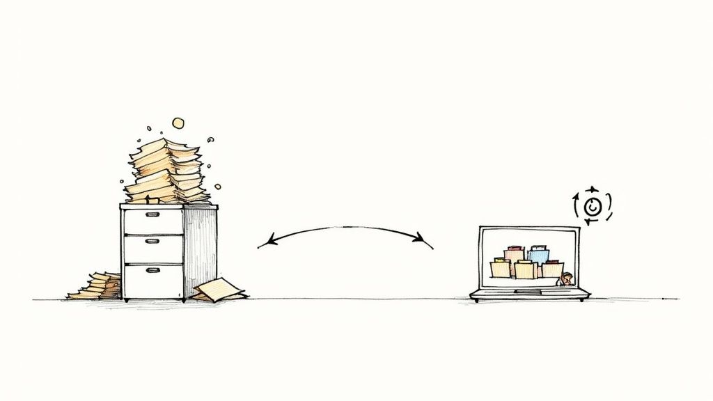 Messy filing cabinet with paper stacks transforming into organized digital folders on laptop screen