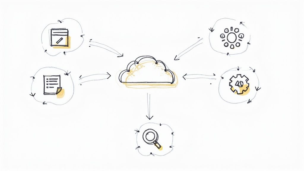 A person at a desk interacting with a futuristic, holographic interface showing organized digital files and automated workflows.