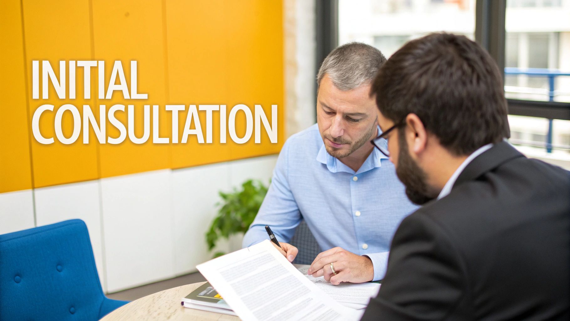 Two men having an initial consultation, one signing documents at a table. Text: INITIAL CONSULTATION.