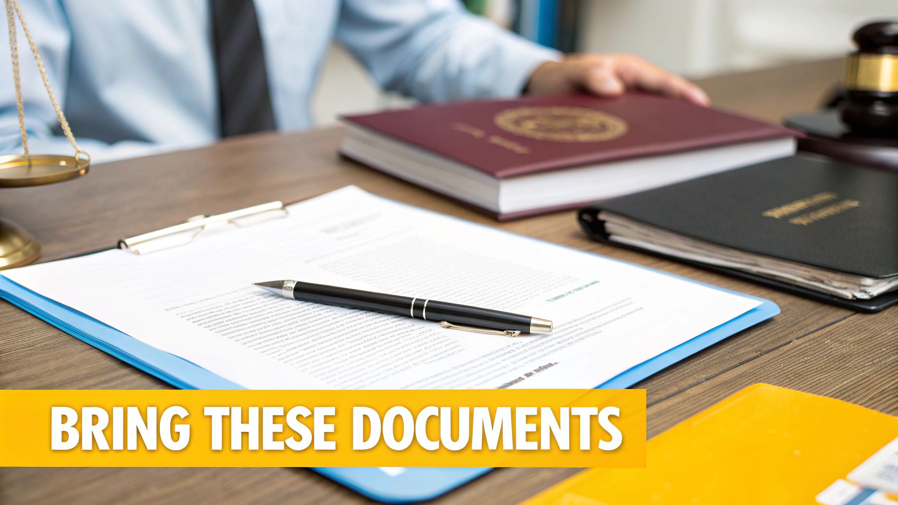 A person at a wooden desk with legal documents, a pen, scales of justice, and law books.