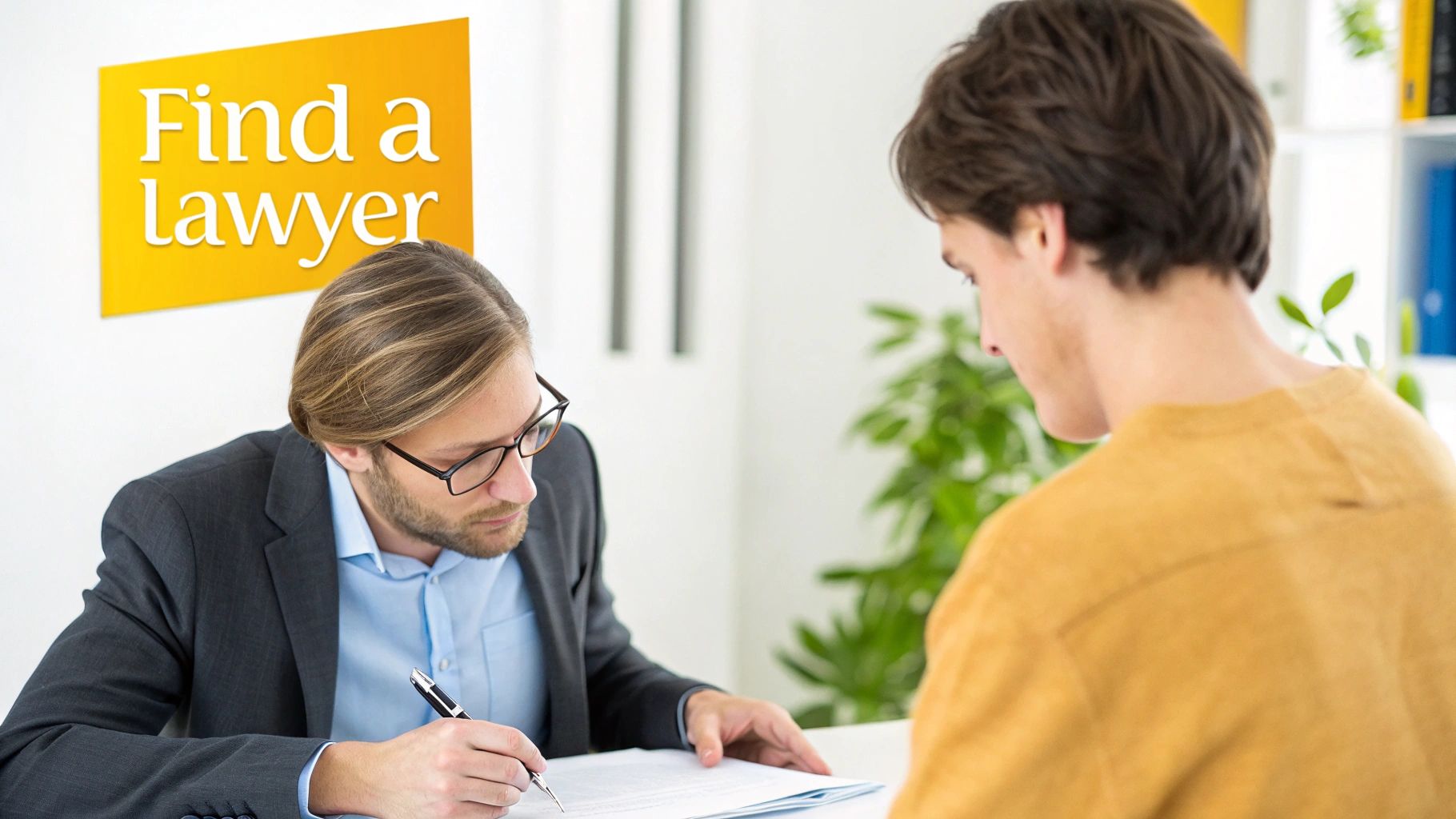 A wills lawyer and clients discussing an estate plan in a bright, modern office.