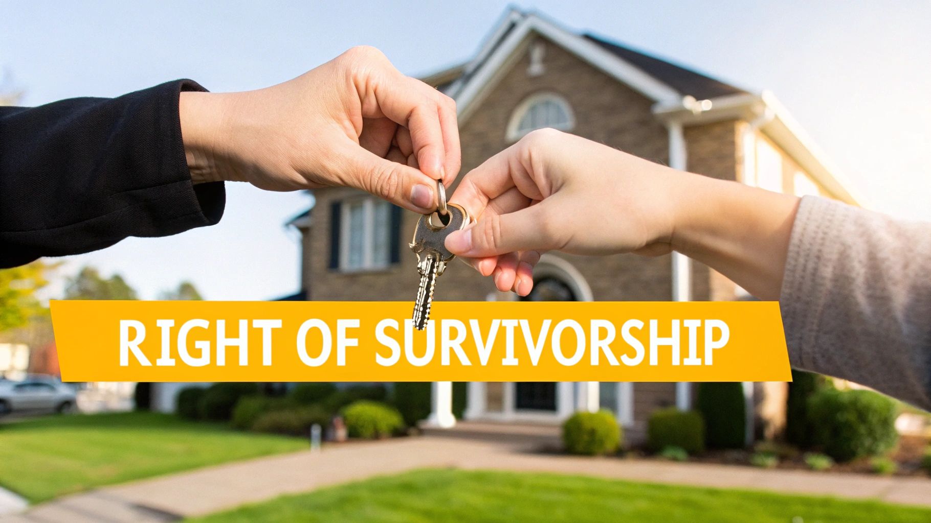 Two hands exchanging house keys in front of a blurred house with 'RIGHT OF SURVIVORSHIP' banner.