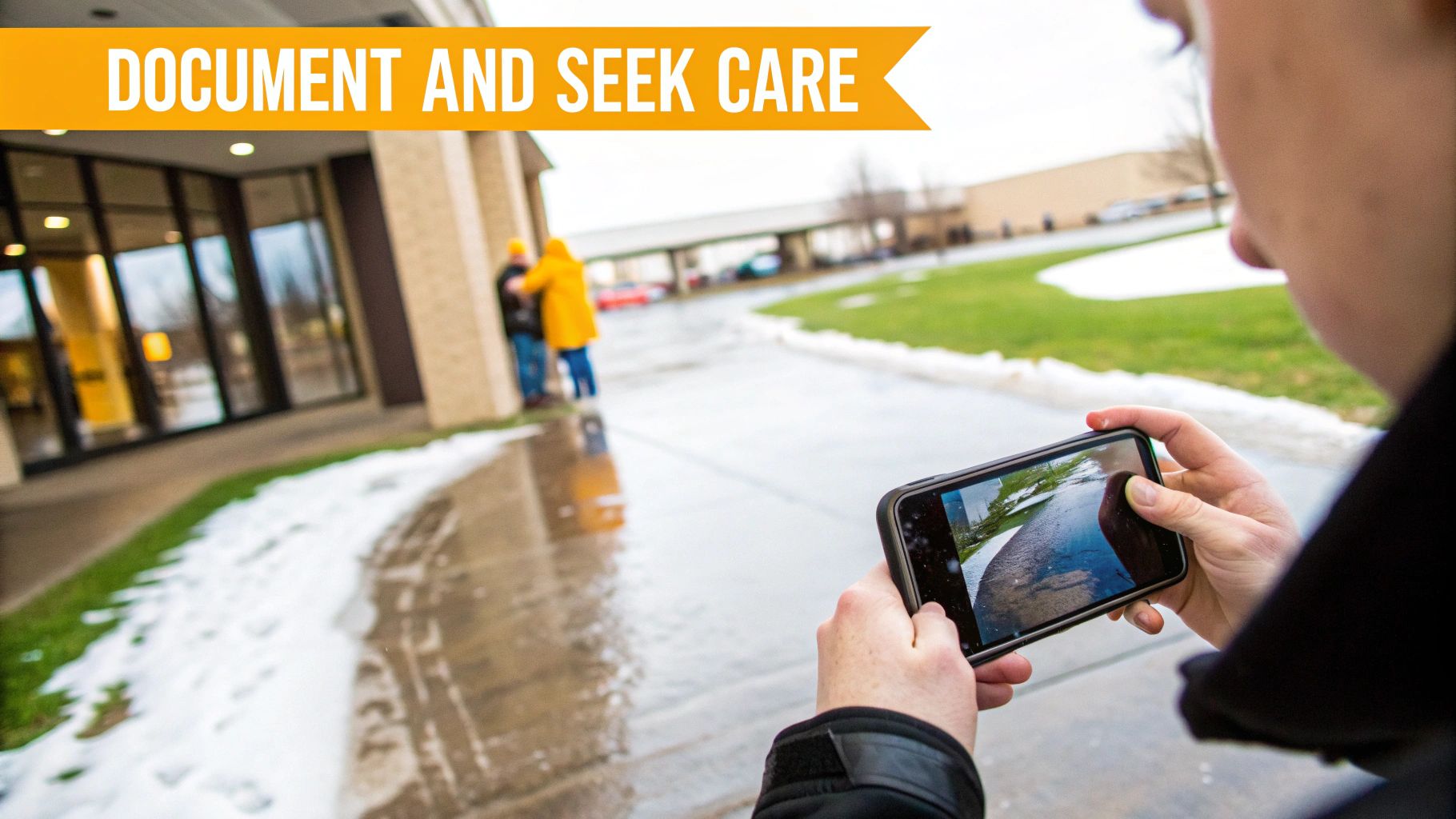 Person using smartphone to document flooded sidewalk entrance for slip and fall insurance claim