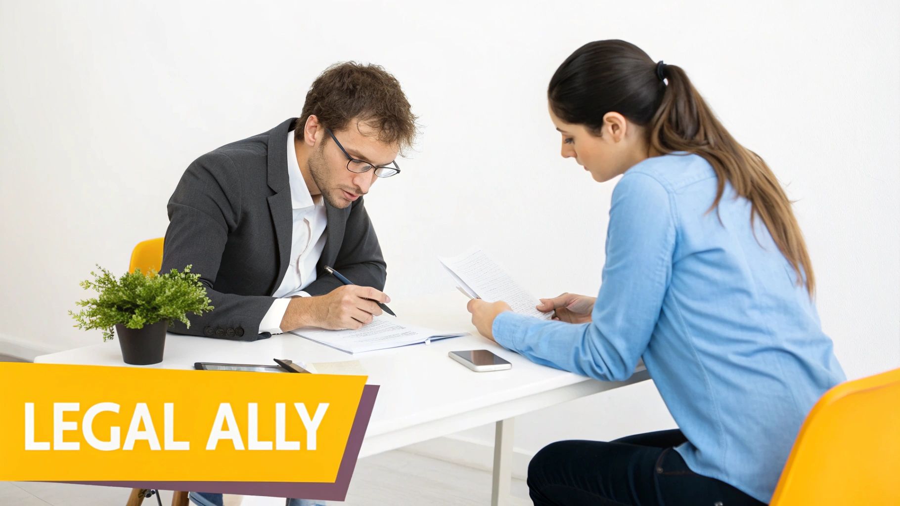 A man and a woman engaged in a professional legal consultation, reviewing documents at a table.