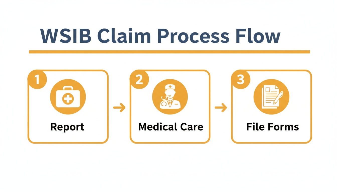 A three-step WSIB claim process flow diagram showing report, medical care, and file forms.