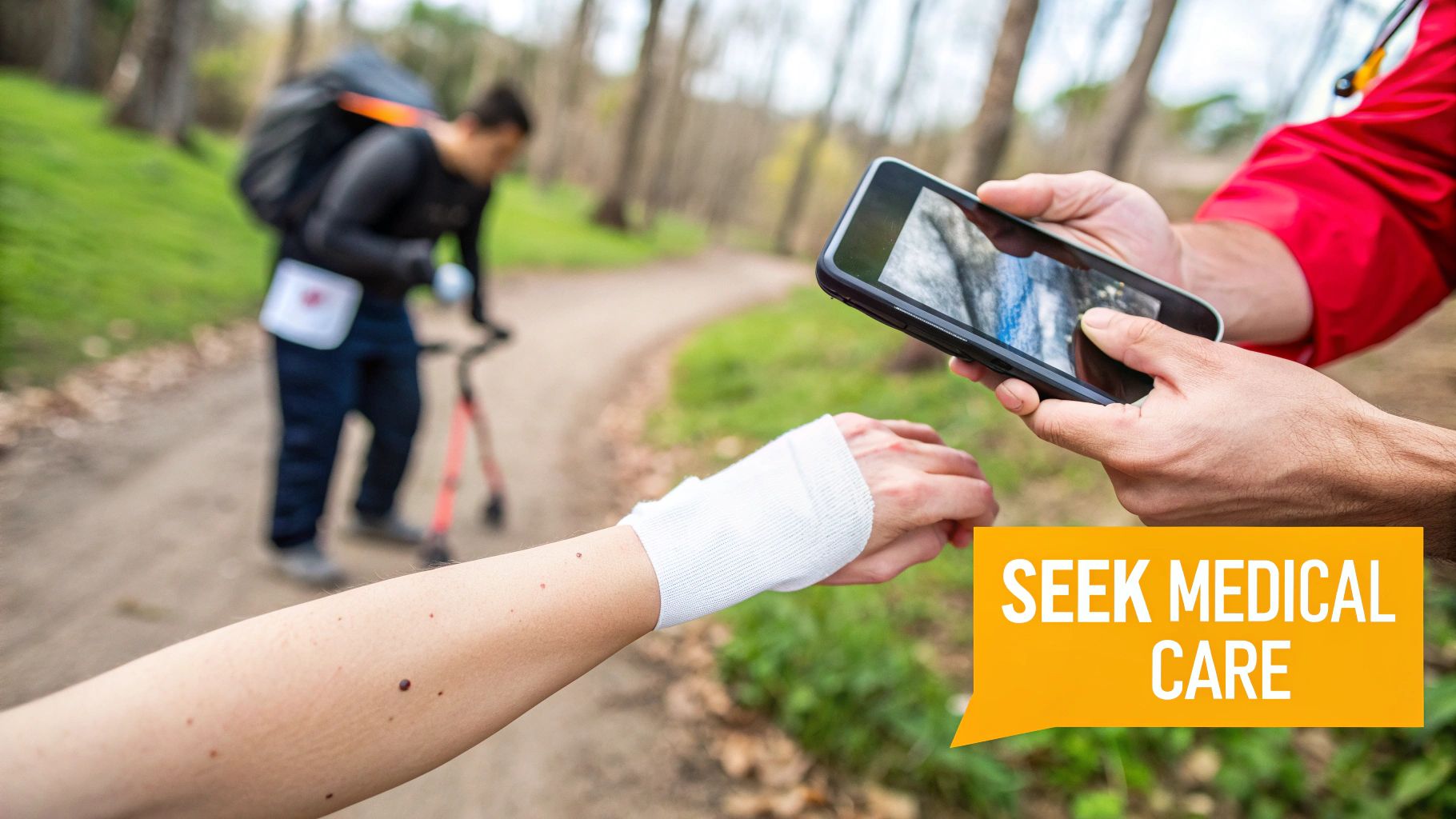 A person's hand holding a leash for a large dog sitting on a path in a park.