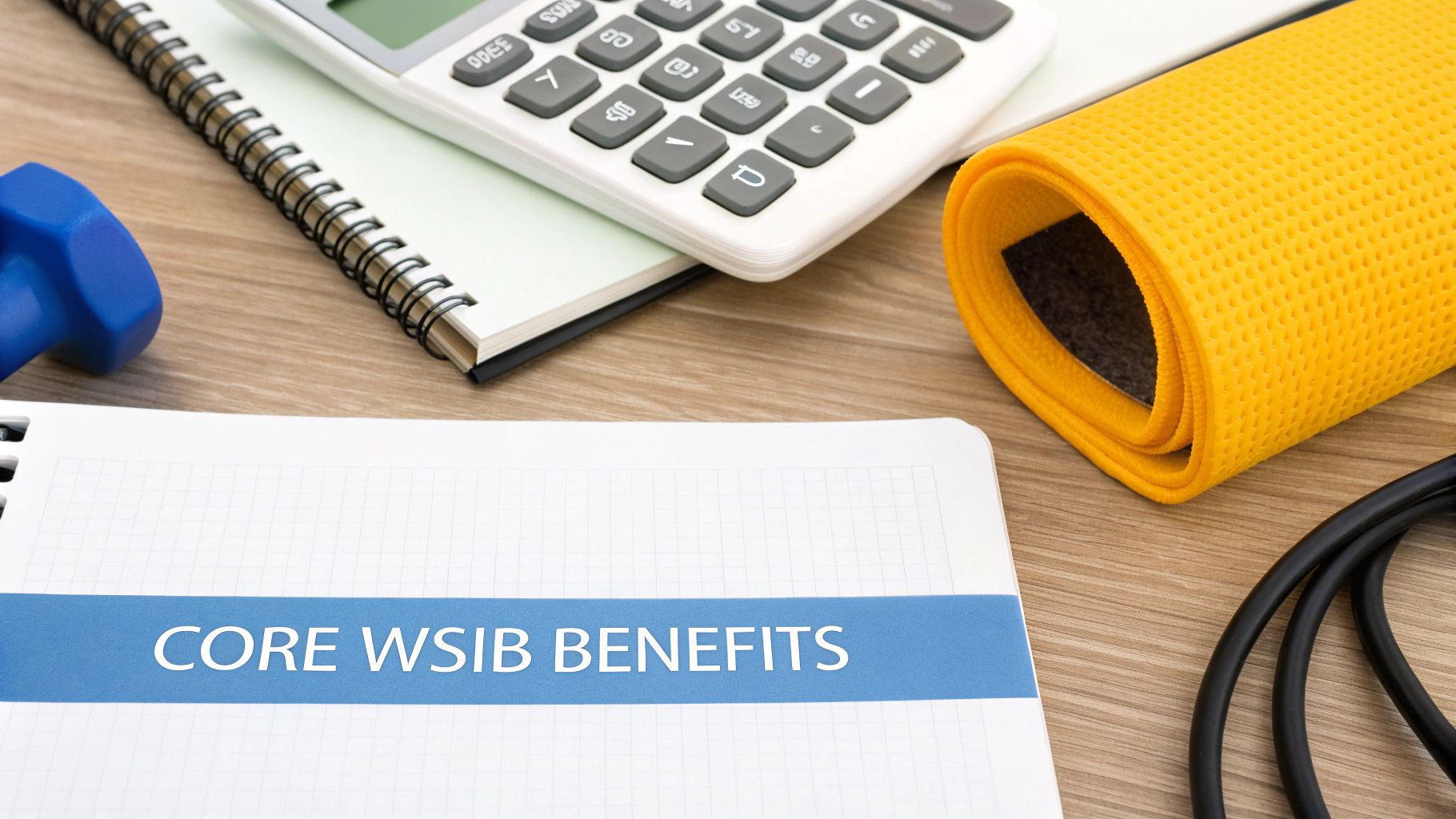 A notebook titled 'CORE WSIB BENEFITS' with a calculator, dumbbell, and exercise mat on wood.