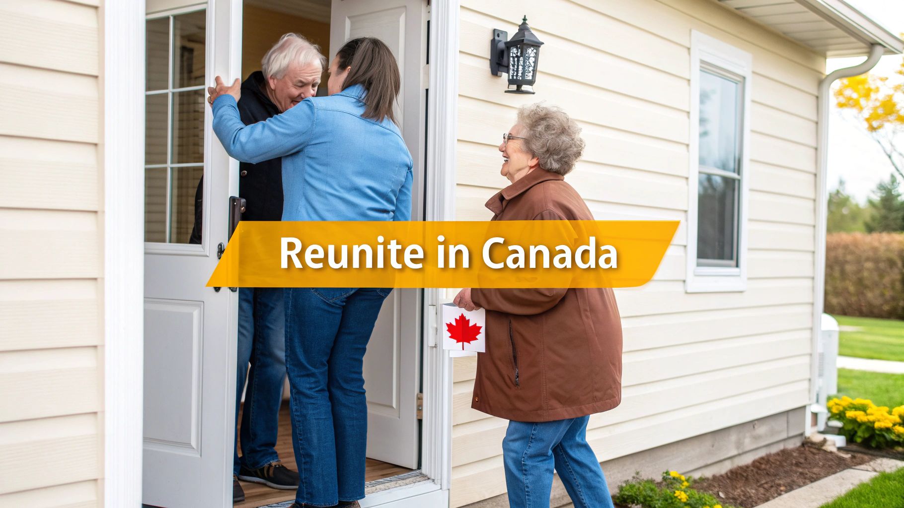 Family reunites in Canada as an older woman with a Canadian package approaches them at a home.