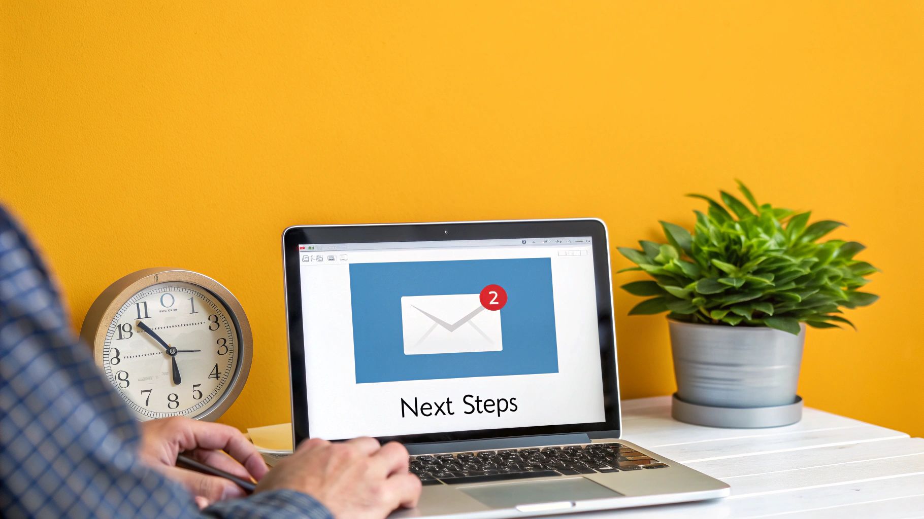 Person working on a laptop displaying 'Next Steps' email notification, with a clock and plant.