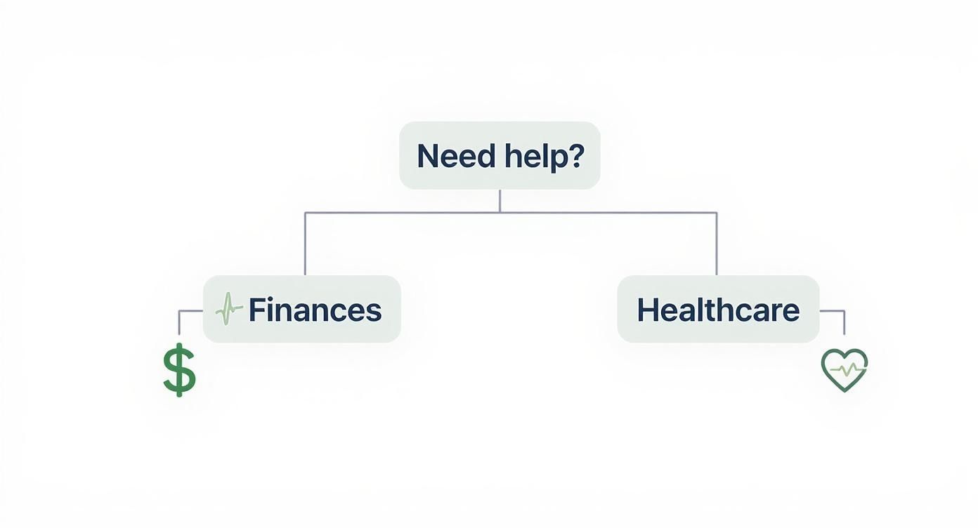 A flowchart asking 'Need help?' branches into 'Finances' with a dollar sign and 'Healthcare' with a heart icon.