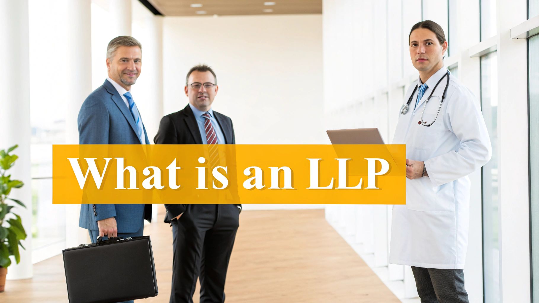 Three professionals, two in suits and one doctor, standing in a modern office hallway with a banner asking 'What is an LLP?'