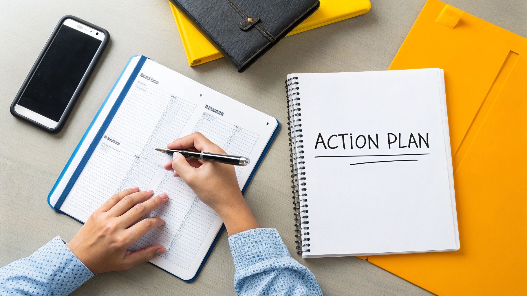 Overhead view of a person writing in a planner next to an 'ACTION PLAN' notebook on a desk.