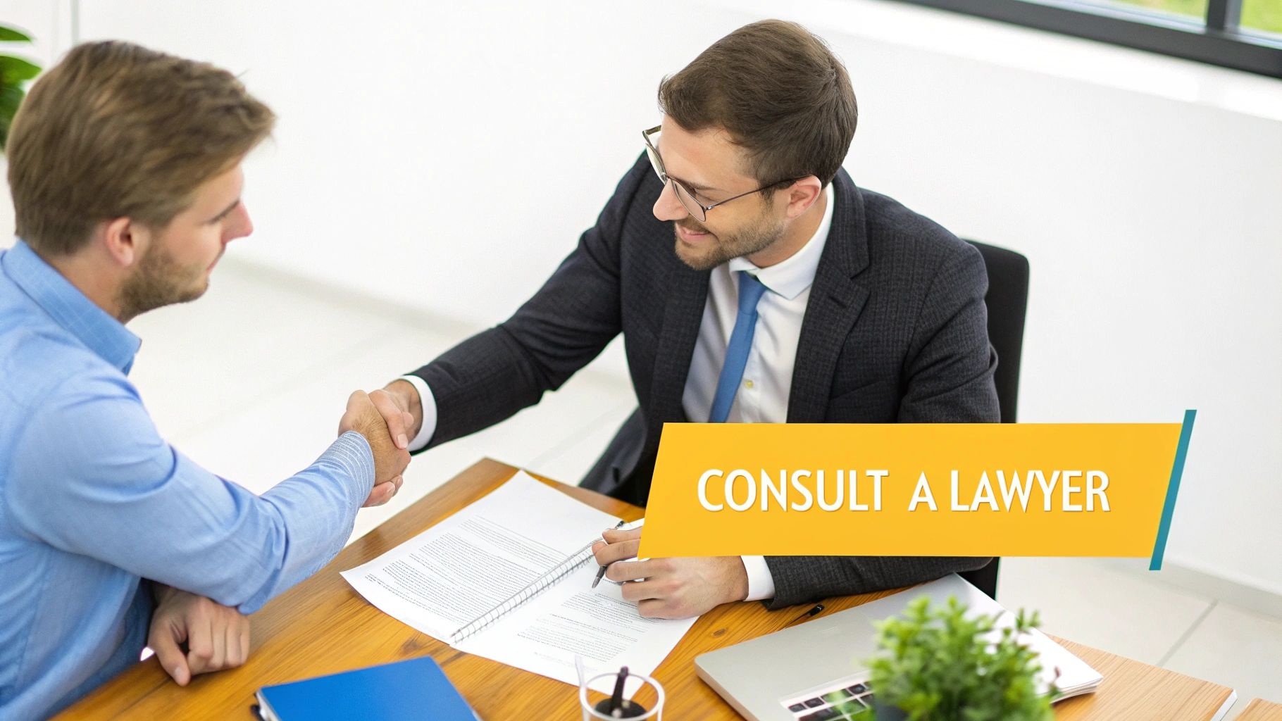 Two professional men shaking hands across an office desk, symbolizing a legal consultation.