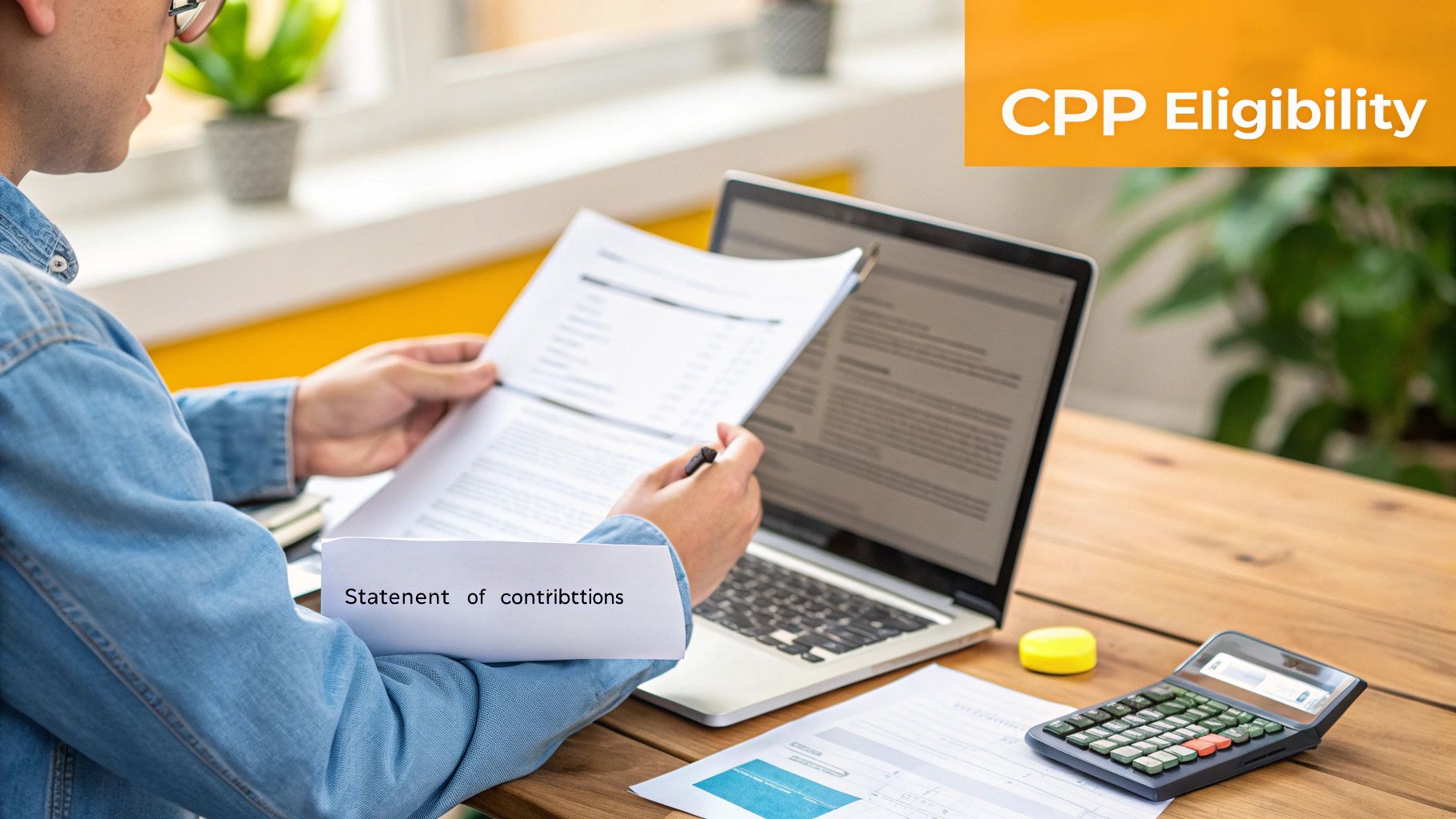 A person reviewing a 'Statement of contributions' document, next to a laptop and calculator, related to CPP Eligibility.