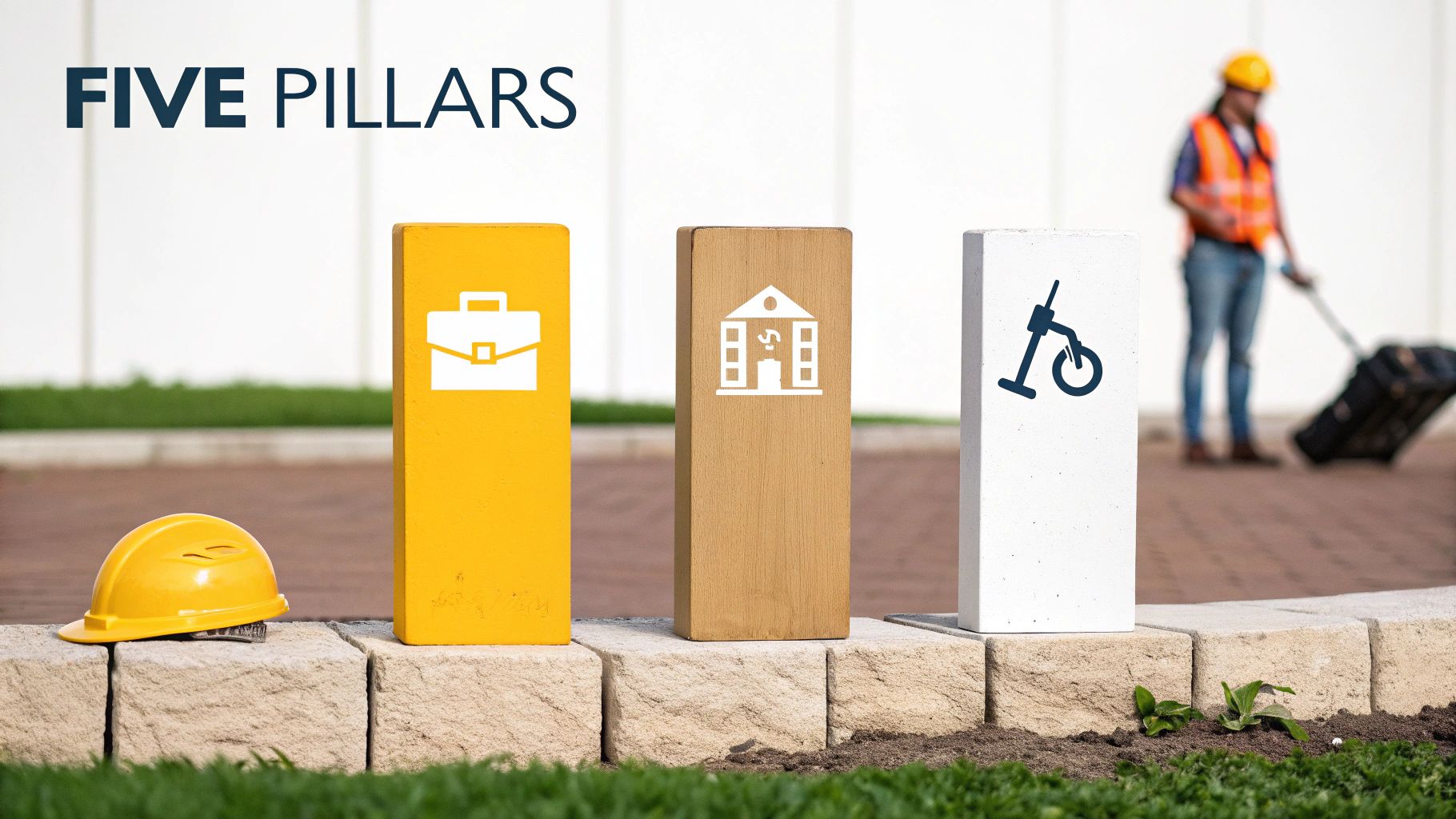 Three pillars with icons for business, finance, and construction, a hard hat, and a worker in the background.