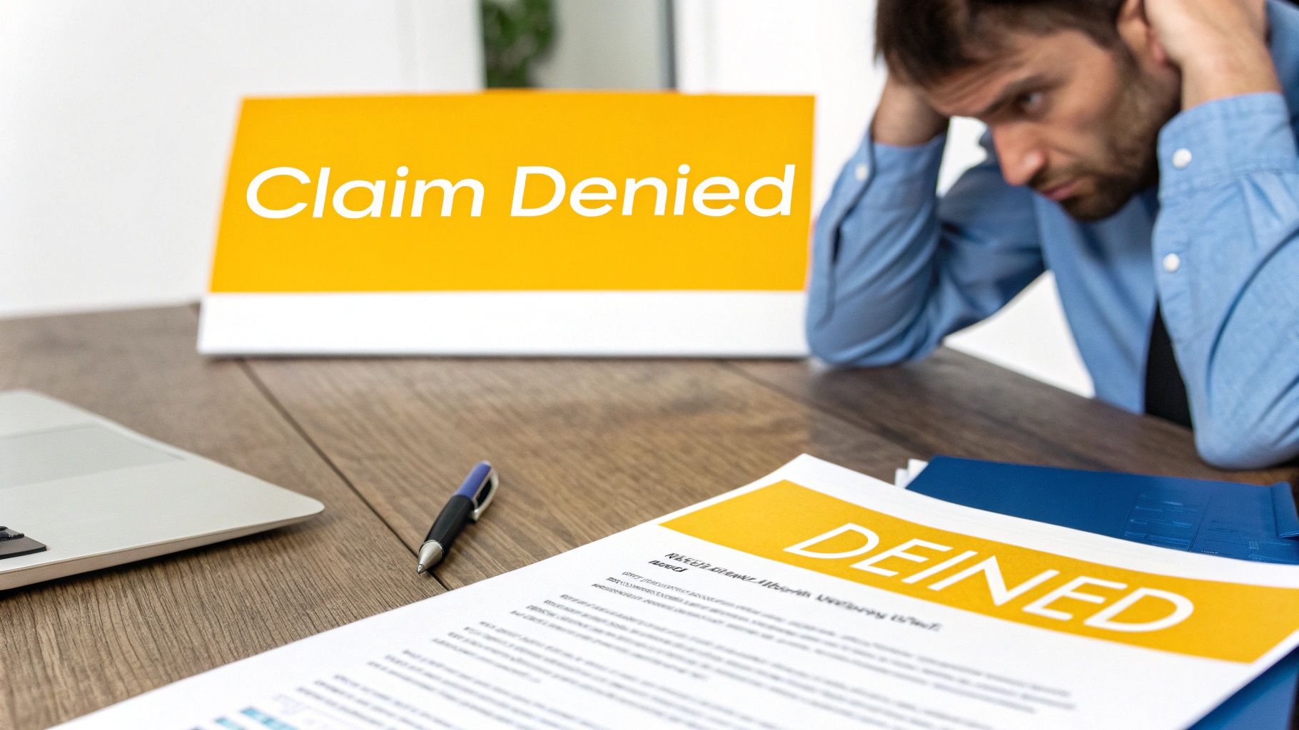 A person looking at a denial letter with concern, with Brampton landmarks subtly in the background.