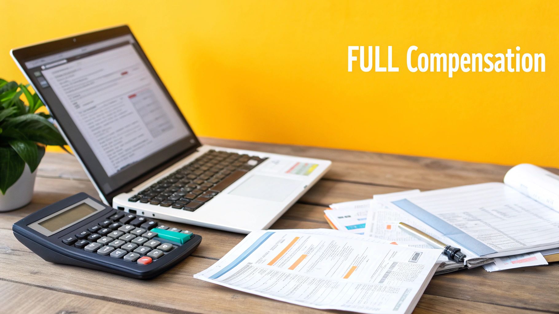 A desk with a laptop, calculator, and financial documents, featuring 'FULL Compensation' on a yellow wall.