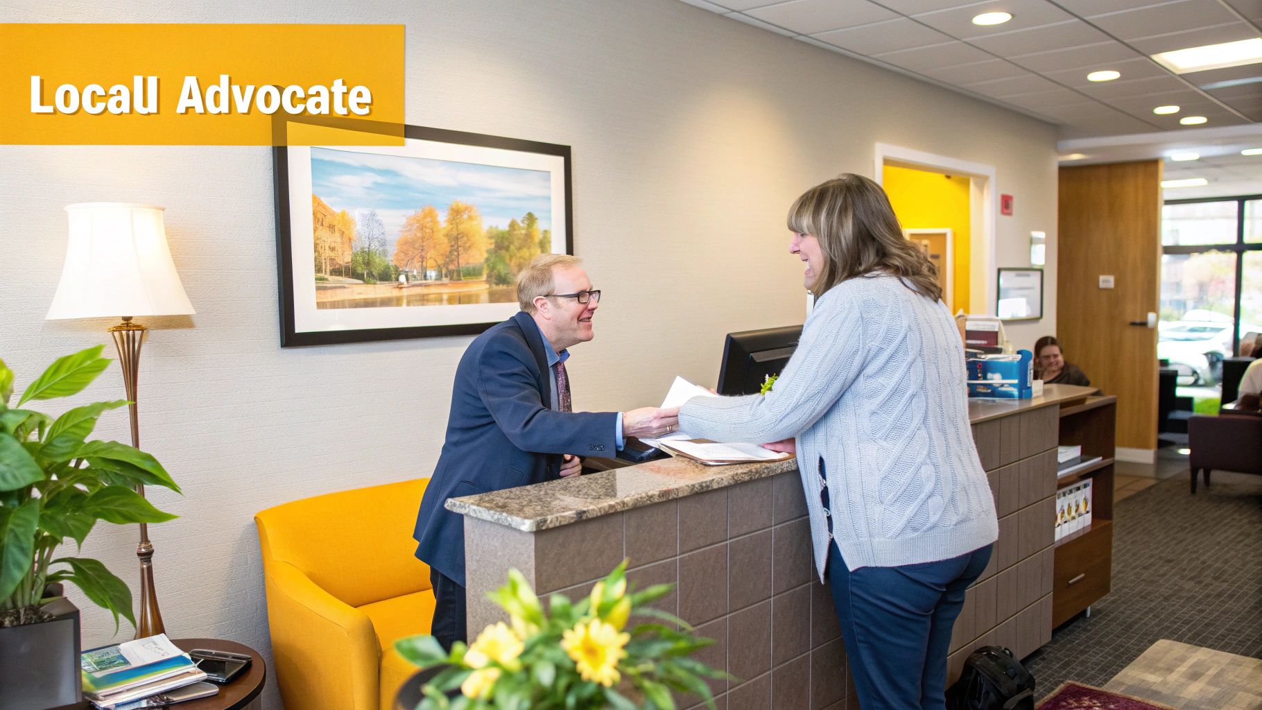A lawyer reviewing legal documents in a professional office setting.