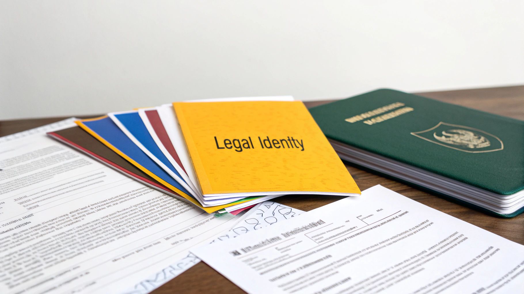 A collage of various official documents like passports, marriage certificates, and birth certificates, signifying identity and civil status documentation.