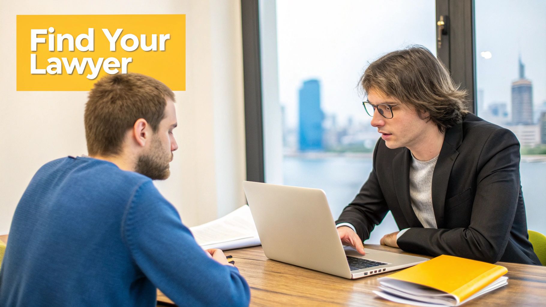 A professional lawyer in a Toronto office reviewing documents with a client.