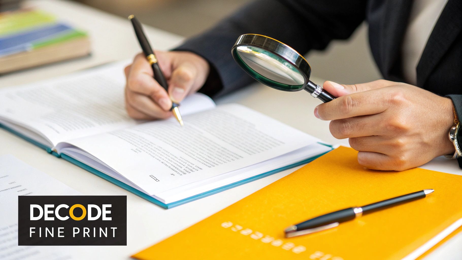 A person's hands reviewing fine print with a magnifying glass and signing a document.