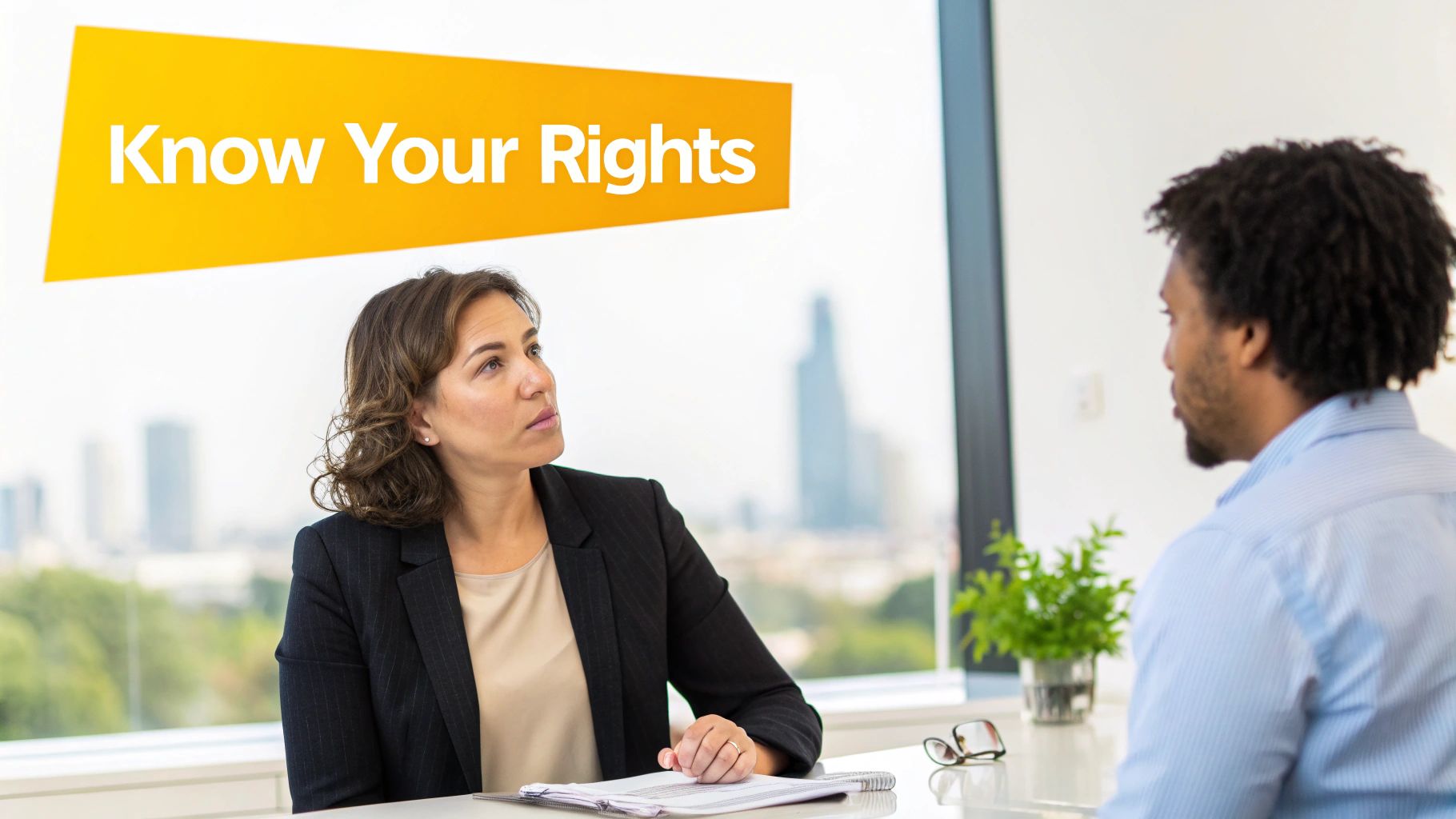 A woman and man discuss 'Know Your Rights' in an office with a city view.
