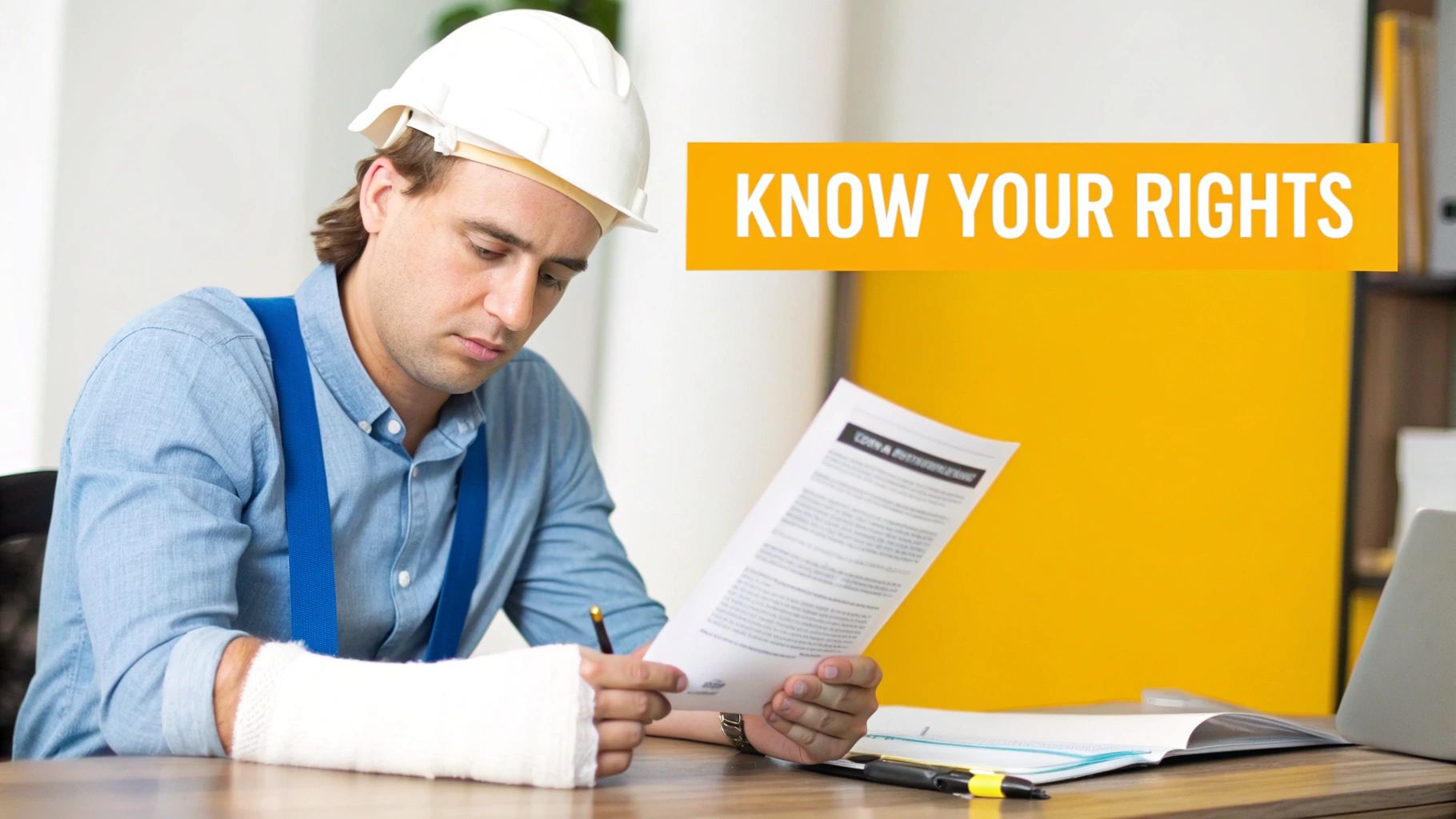 A male construction worker with a bandaged arm reads work compensation documents at a desk.