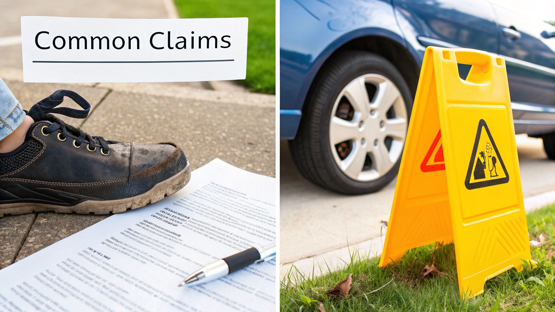A split image showing a 'Common Claims' sign, a dirty shoe on a document, and a car with a yellow caution sign.