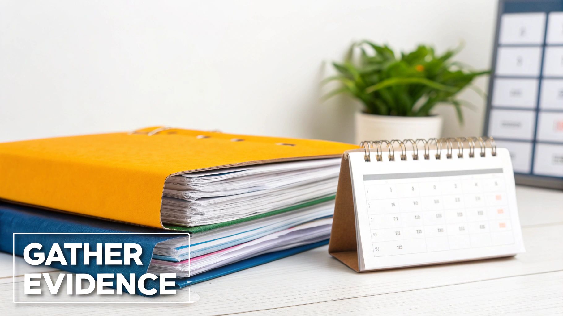 A stack of colorful binders and a desk calendar on a white table with 'GATHER EVIDENCE' text.