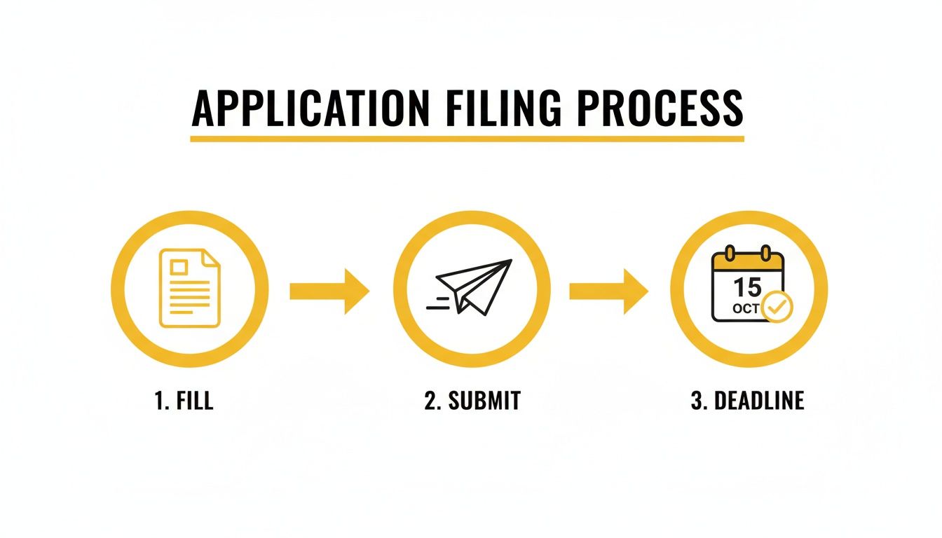 Visual guide outlining a three-step application filing process: fill, submit, and deadline with icons.