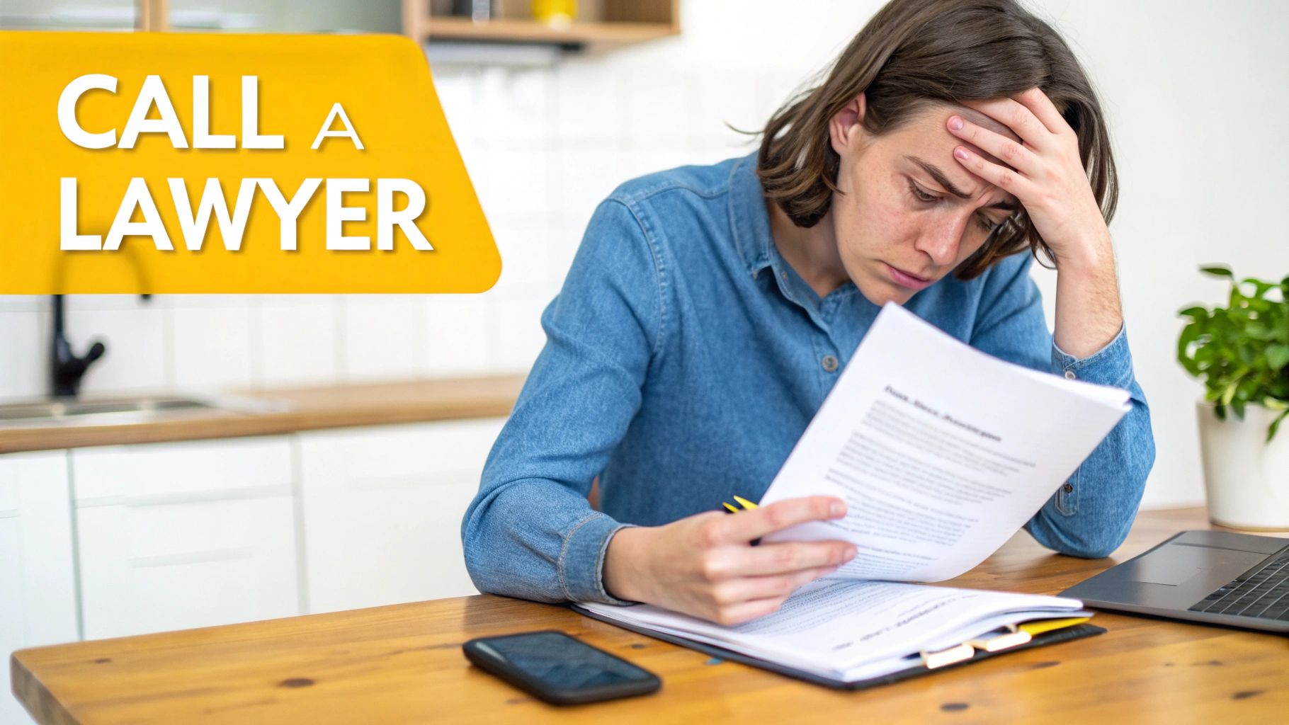 A person on the phone looking determined, sitting at a desk with paperwork, indicating they are taking action on their disability claim.