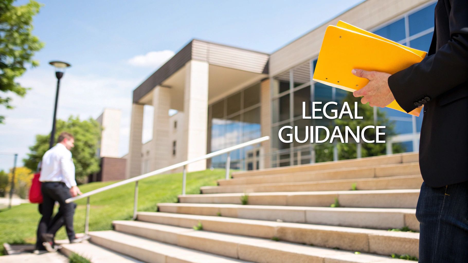 A lawyer reviewing documents in an office with a city view.