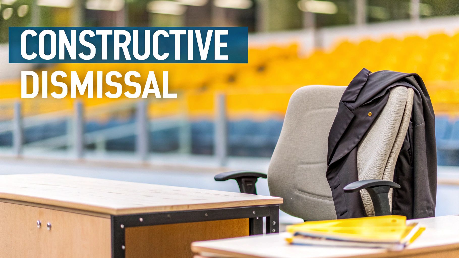 An empty office chair with a suit jacket draped over it and folders on a desk, with text 'Constructive Dismissal'.