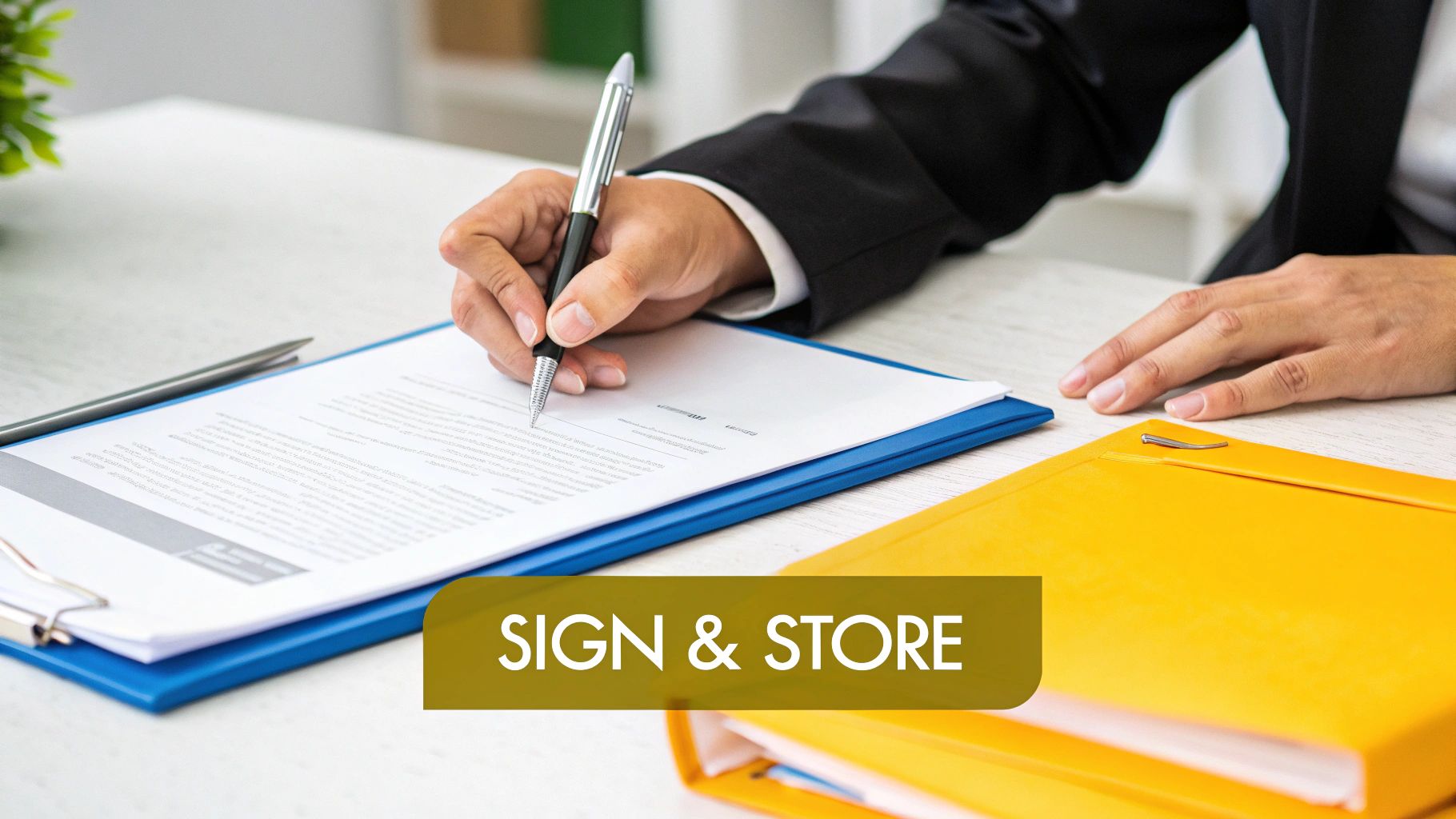 Close-up of a person in a suit signing a document on a blue folder with a pen on a desk.