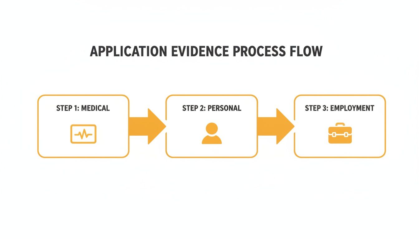 Flowchart illustrating the application evidence process with medical, personal, and employment steps.