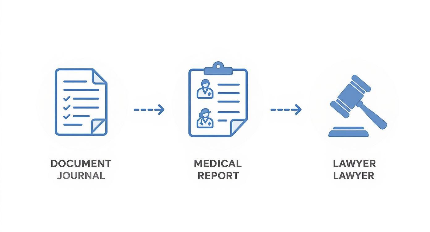 A diagram illustrating the workflow from a document journal to a medical report and then to a lawyer.