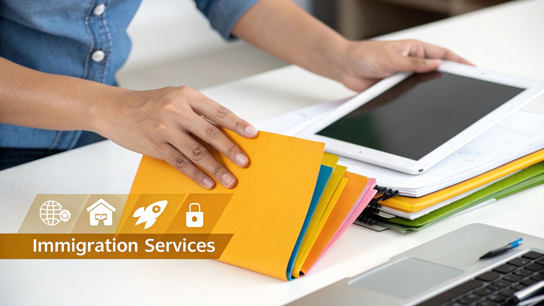 A person's hands on a desk with colorful folders, a tablet, and laptop for immigration services.